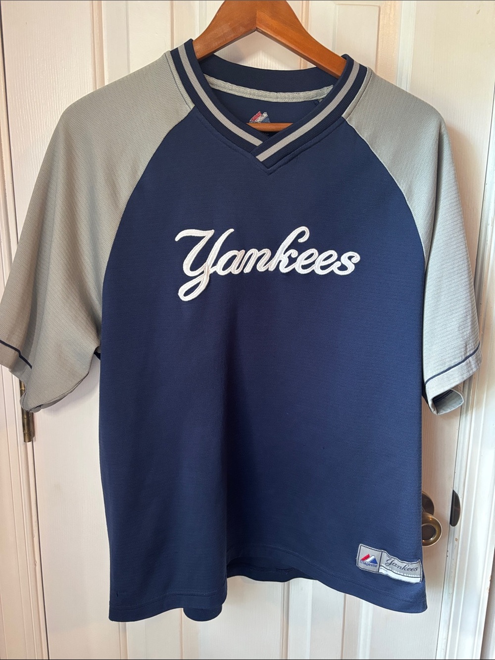 Majestic Navy and Light Gray Yankees Script warm up jersey